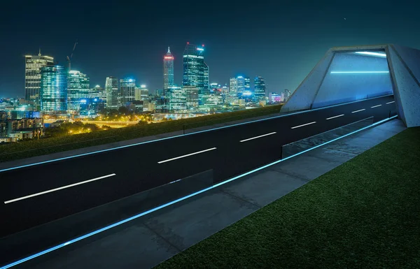 Tom Asfaltvägen Med Tunnel Gröna Fält Och Moderna City Skyline — Stockfoto