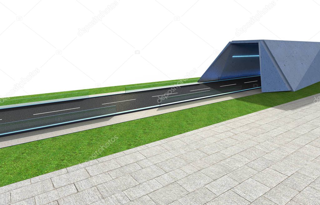 3d Render road with tunnel and greenfield, side view