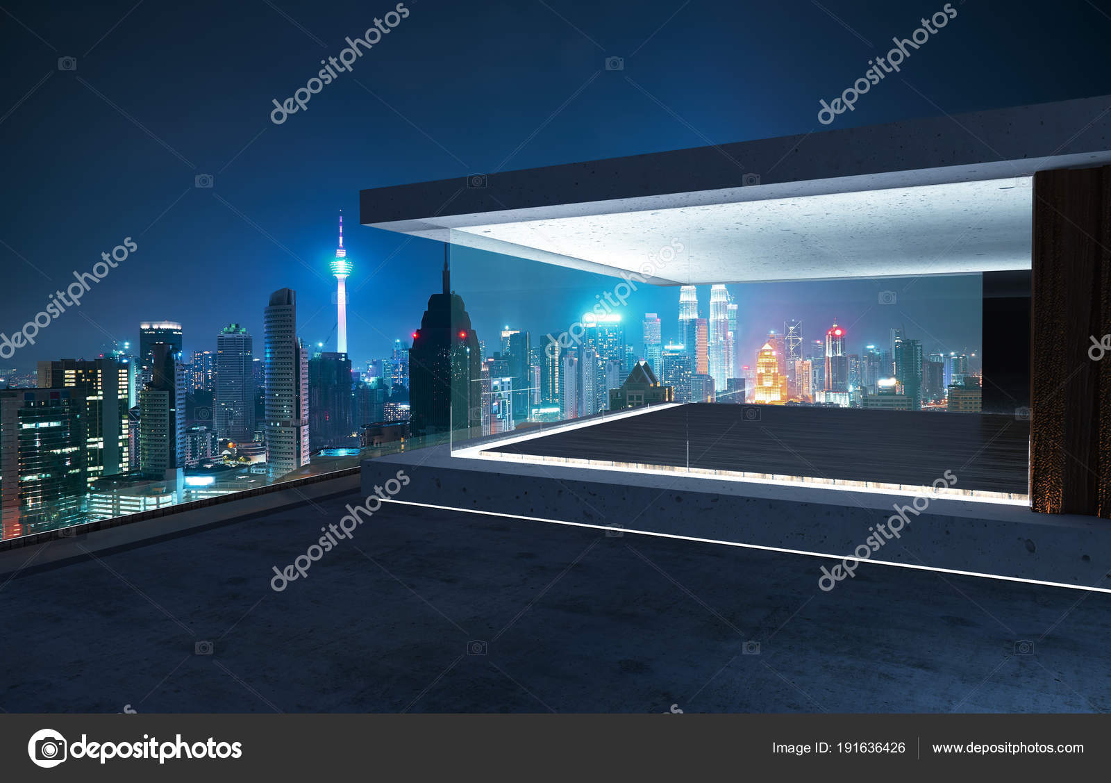 Empty Glass Wall Balcony City Skyline View Night Scene Mixed Stock Photo By C Jamesteohart