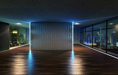 Perspective view of empty wood floor and cement ceiling interior with city skyline view . 3D rendering and real images mixed media . clipart