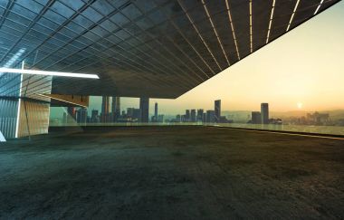 Perspektif Görünümü boş çimento zemin çelik ve cam modern Bina dış ile. 3D render ve gerçek görüntüler karışık teknik .