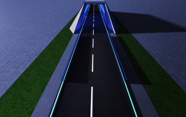 Havadan görünümü neon ışık, çim ve taş mermer zemin arka plan ile akıllı tüneli. 3D render resim .