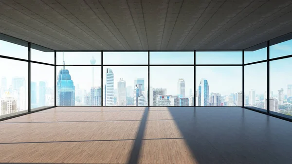 Vista Panorámica Del Suelo Madera Vacío Techo Cemento Interior Con — Foto de Stock