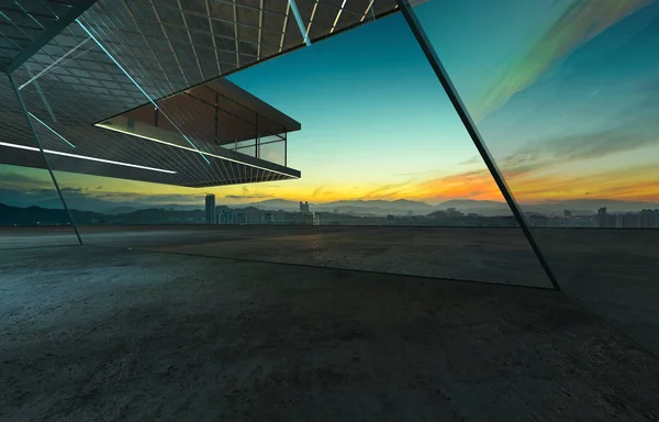 Vista Panorámica Del Suelo Cemento Vacío Con Fachada Acero Vidrio — Foto de Stock