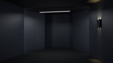 3D render minimalist ve modern tasarım Stüdyo Oda alan arka plan, aydınlatma düşük anahtar .