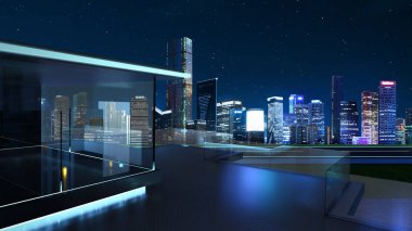 modern cam balkon şehir manzarası, gerçek fotoğraf arka plan, gece çekimi, karışık teknik ile 3D render.