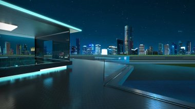 3D şehir manzarası ile modern cam balkon işlemede gece.