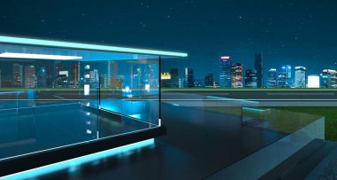 3D şehir manzarası ile modern cam balkon işlemede gece.