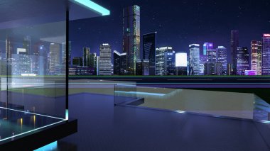 3D şehir manzarası ile modern cam balkon işlemede gece.