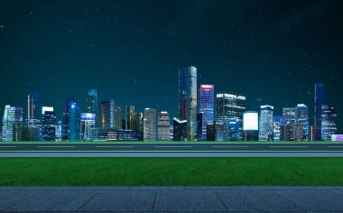 Modern şehir yakındaki gece sahnede asfalt yol yan görünüm.