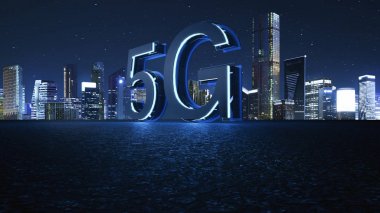 gece şehir arka plan mavi neon ışık ile 3D render 5g fütüristik font.