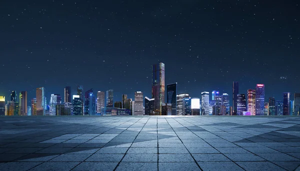 Gece modern şehir içinde gökdelenler Panoraması.