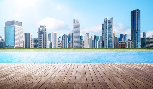 Yüzme Havuzu Şehir Manzarası Arka Plan Üzerinde Boş Ahşap Güverte — Stok fotoğraf