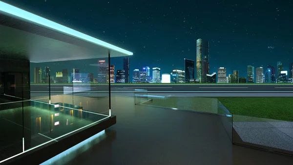 现代玻璃阳台与城市天际线的渲染真实摄影背景 — 图库照片