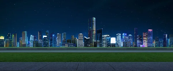 Boční Pohled Asfaltovou Silnici Noční Scéna Moderní Město — Stock fotografie