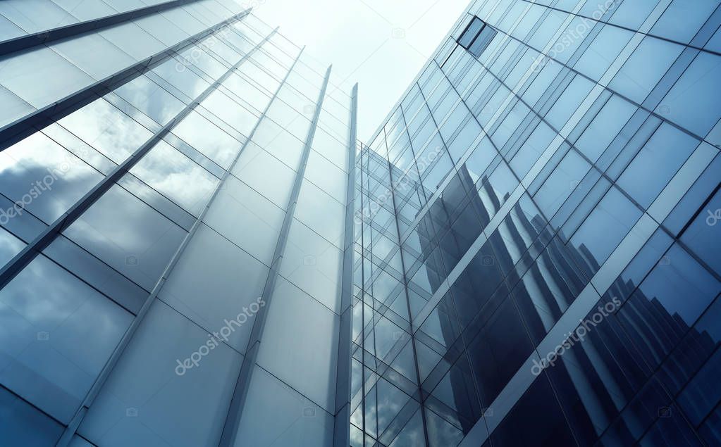 Low angle view of generic modern office skyscraper