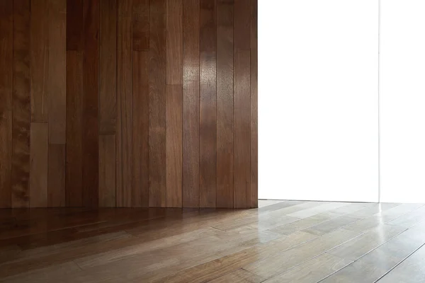 Partición Madera Marrón Pared Cristal Con Piso Fondo Interior Vacío — Foto de Stock