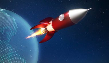 Metallic red antique style rocket space ship launch on space with digital earth graphic background . Startup creative concept .3D rendering. clipart