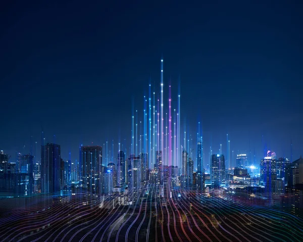 Cidade inteligente e ponto de ponto abstrato se conectam com linha de gradiente — Fotografia de Stock
