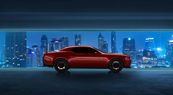 Visão de perfil lateral de um carro muscular americano sem marca vermelha genérico — Fotografia de Stock