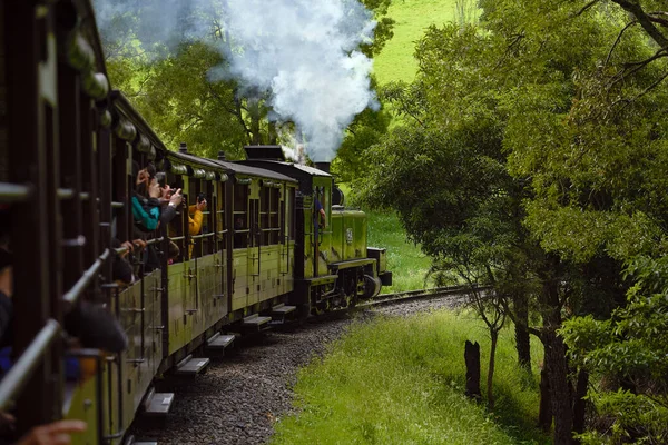 Puffing Billy Vintage Gőzmozdony Utasokkal Dandenong Ranges Melbourne Közelében — Stock Fotó