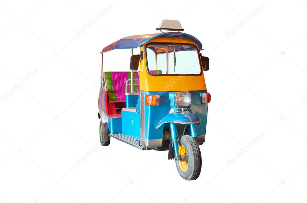 Yellow and blue auto rickshaw or tuk tuk vehicle isolated on white background. Travel transportation photo .