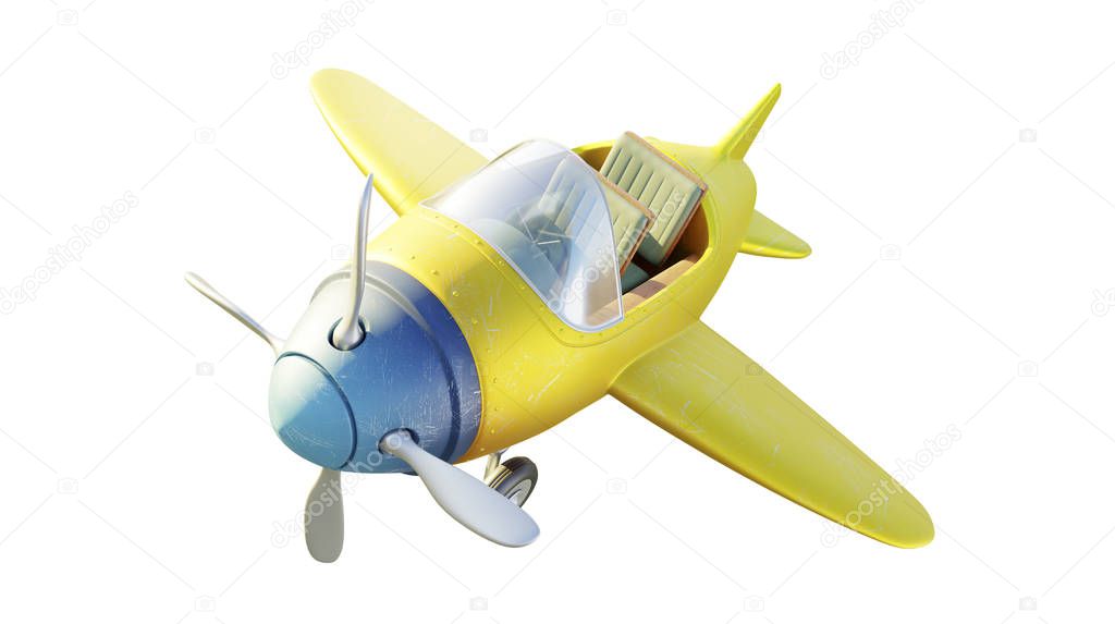 Top angle view of retro cute yellow and blue two seat airplane isolated on white background. 3D rendering .