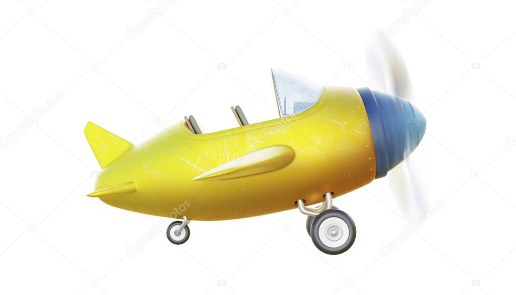 Side angle view of retro cute yellow and blue two seat airplane isolated on white background .3D rendering .