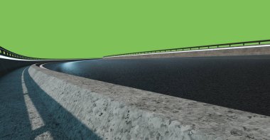 Geceleri asfalt yolun alçak açılı görüntüsü, kesme yolu ile yeşil arka planda izole edilmiş. 3d oluşturma .