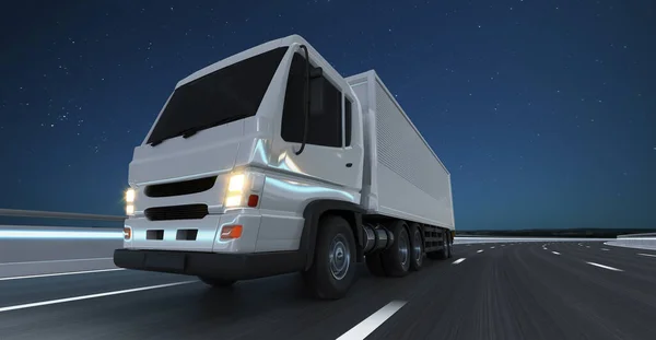 Przód Niski Kąt Widzenia Dostawy Ciężarówki Uruchomić Drodze Nocy Szybka — Zdjęcie stockowe