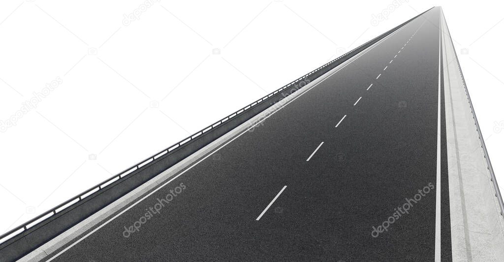 Top angle view of straight asphalt road , isolated on white background with clipping path . 3d rendering .
