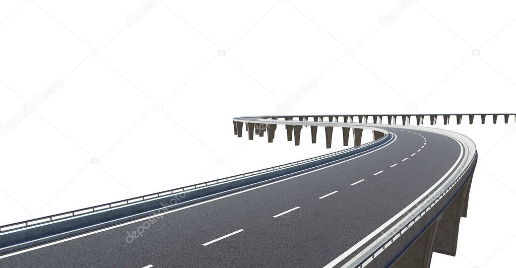 Top angle view of curve asphalt flyover , isolated on white background with clipping path . 3d rendering .