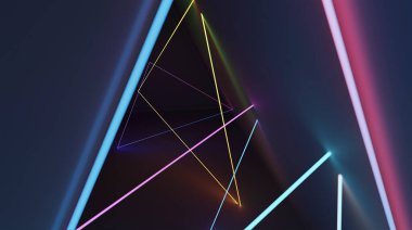 Üçgen karanlık odada soyut parlak neon ışık. 3B görüntüleme .