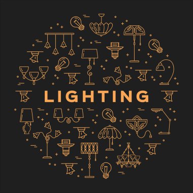 Lighting store circle infographics Lamp icon flat design card
