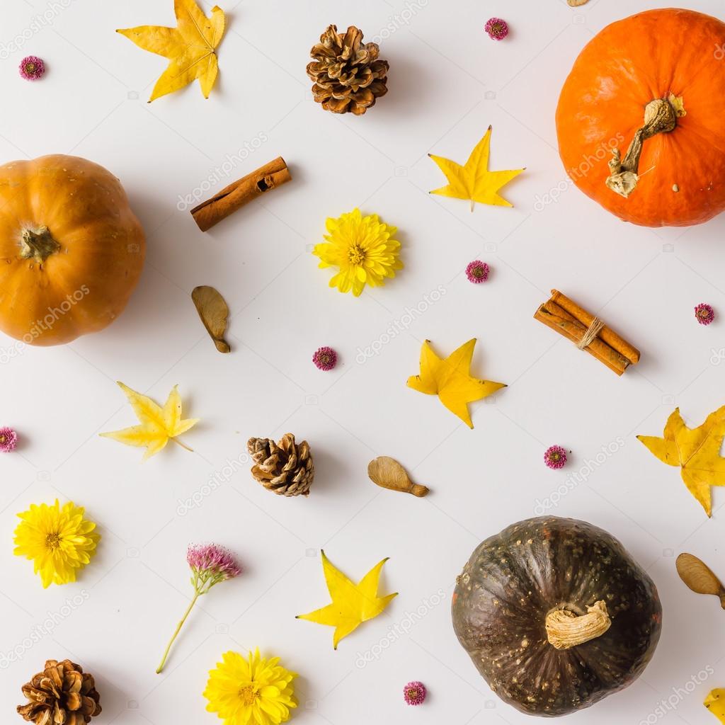 Colorful autumn pattern made of pumpkins, leaves and flowers. 