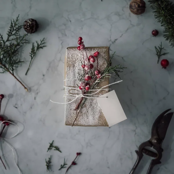 Ramos com bagas colocando no presente de Natal — Fotografia de Stock