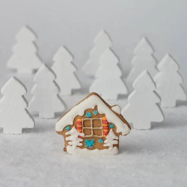 Χριστούγεννα μελόψωμο σπίτι μπροστά από δέντρα — Φωτογραφία Αρχείου