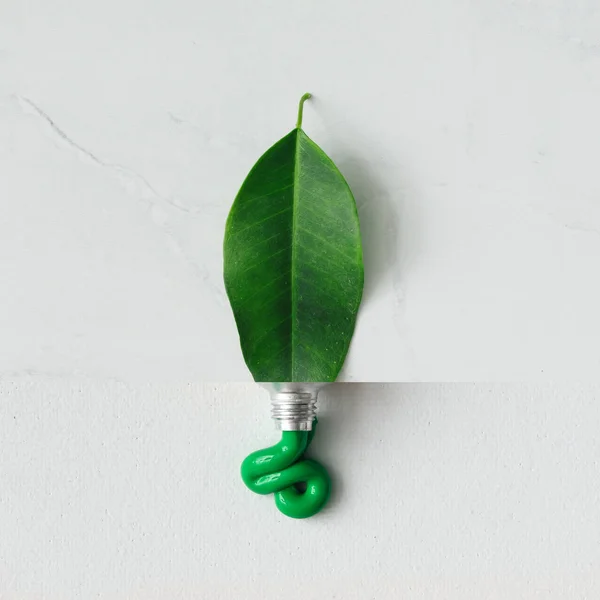 Collage of green leaf and paint tube — Stock Photo, Image