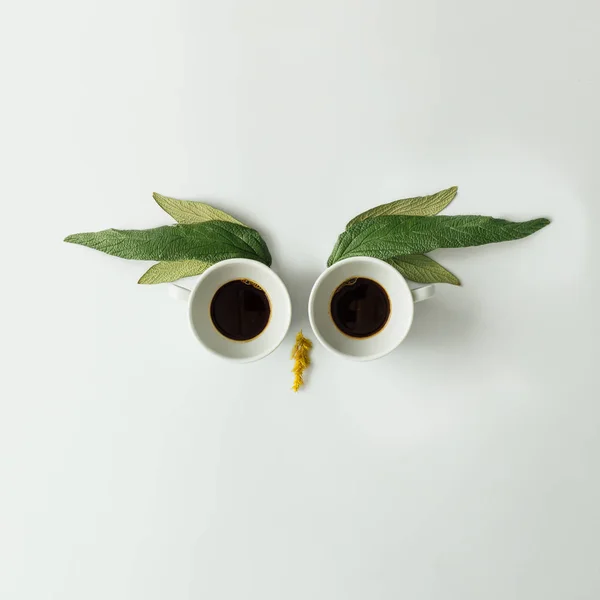 Eulengesicht aus Tassen und Blättern — Stockfoto
