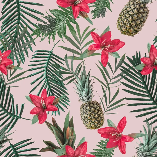 Tropikalny wzór z kwiatami i ananasy — Zdjęcie stockowe