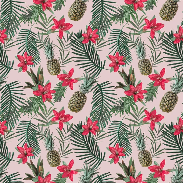 Tropická vzor s květy a ananasu — Stock fotografie