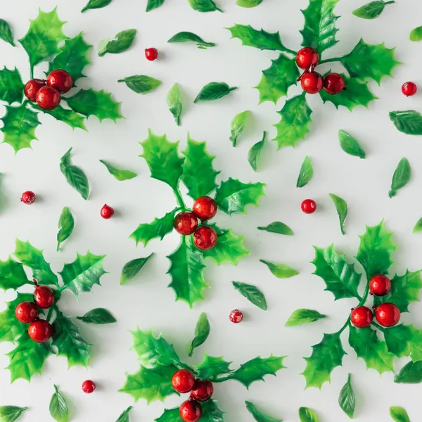 Kreativní Vánoční Rozvržení Vyrobené Holly Rostlin Listí Prázdninové Sezóny Koncept — Stock fotografie