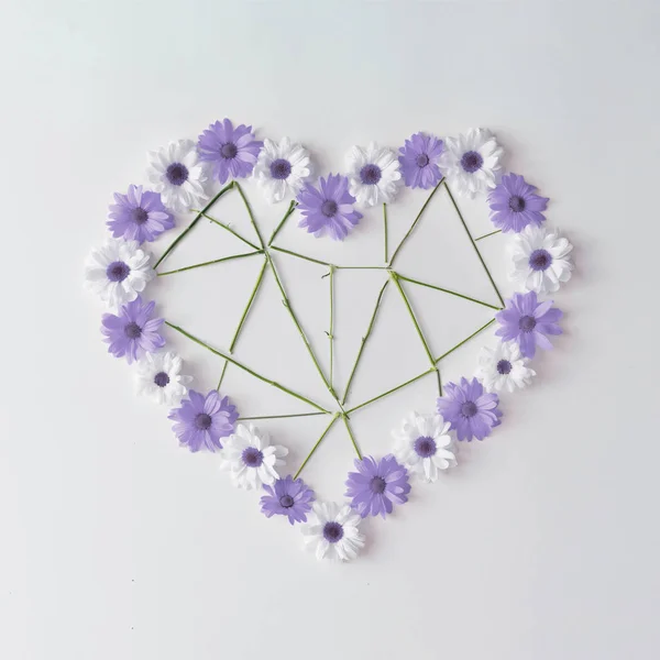 Hart vorm gemaakt van violet en witte madeliefjes met lage poly flowe — Stockfoto