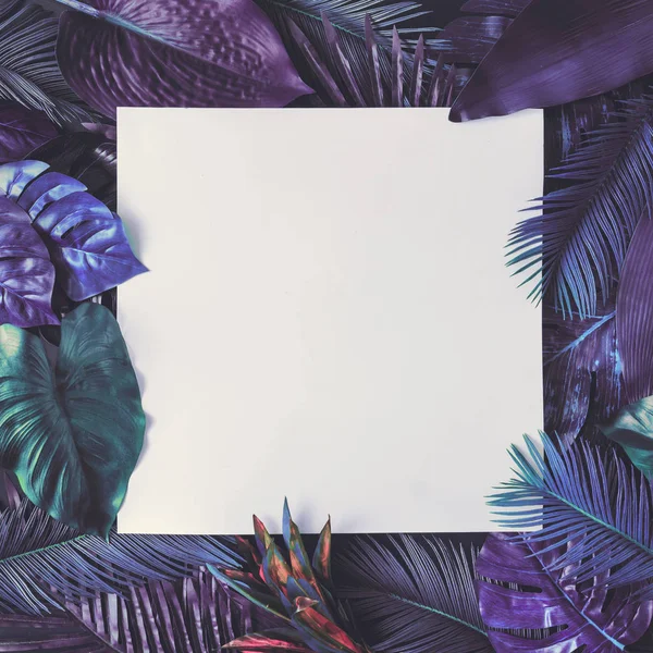 Creative Layout White Paper Card Tropic Purple Leaves Supernatural Concept — Stock Photo, Image