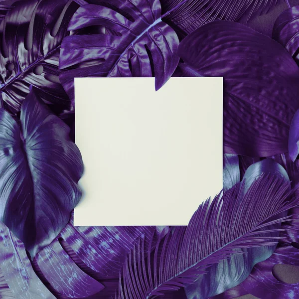 Creative Layout White Paper Card Tropic Purple Leaves Supernatural Concept — Stock Photo, Image