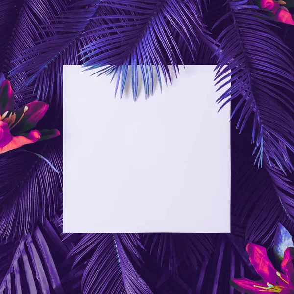 Creative Layout White Paper Card Tropic Purple Leaves Magenta Flowers — Stock Photo, Image