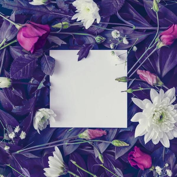 Creative Layout White Paper Card Tropic Purple Leaves Flowers Supernatural — Stock Photo, Image