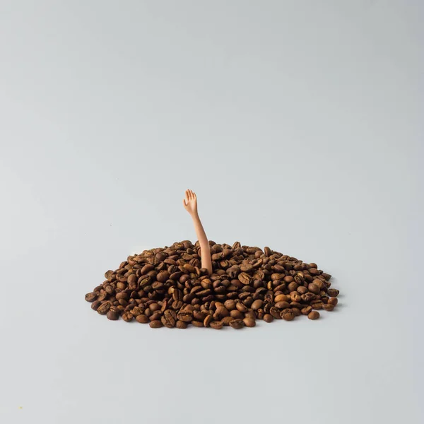 อของต กตาโผล ออกมาจากกองเมล ดกาแฟ แนวค ดการด มกาแฟท างสรรค วางแบนท — ภาพถ่ายสต็อก