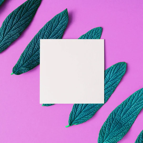 Tarjeta Papel Vacía Blanca Con Hojas Verdes Sobre Fondo Púrpura — Foto de Stock