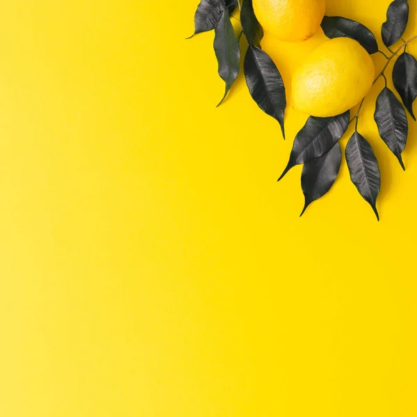 Patrón Creativo Verano Hecho Limones Hojas Negras Sobre Fondo Amarillo —  Fotos de Stock